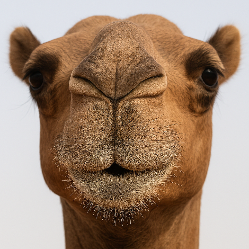 Image showing camel face with prominent nasal opening, cleft line from nose to mouth in the upper lip. 