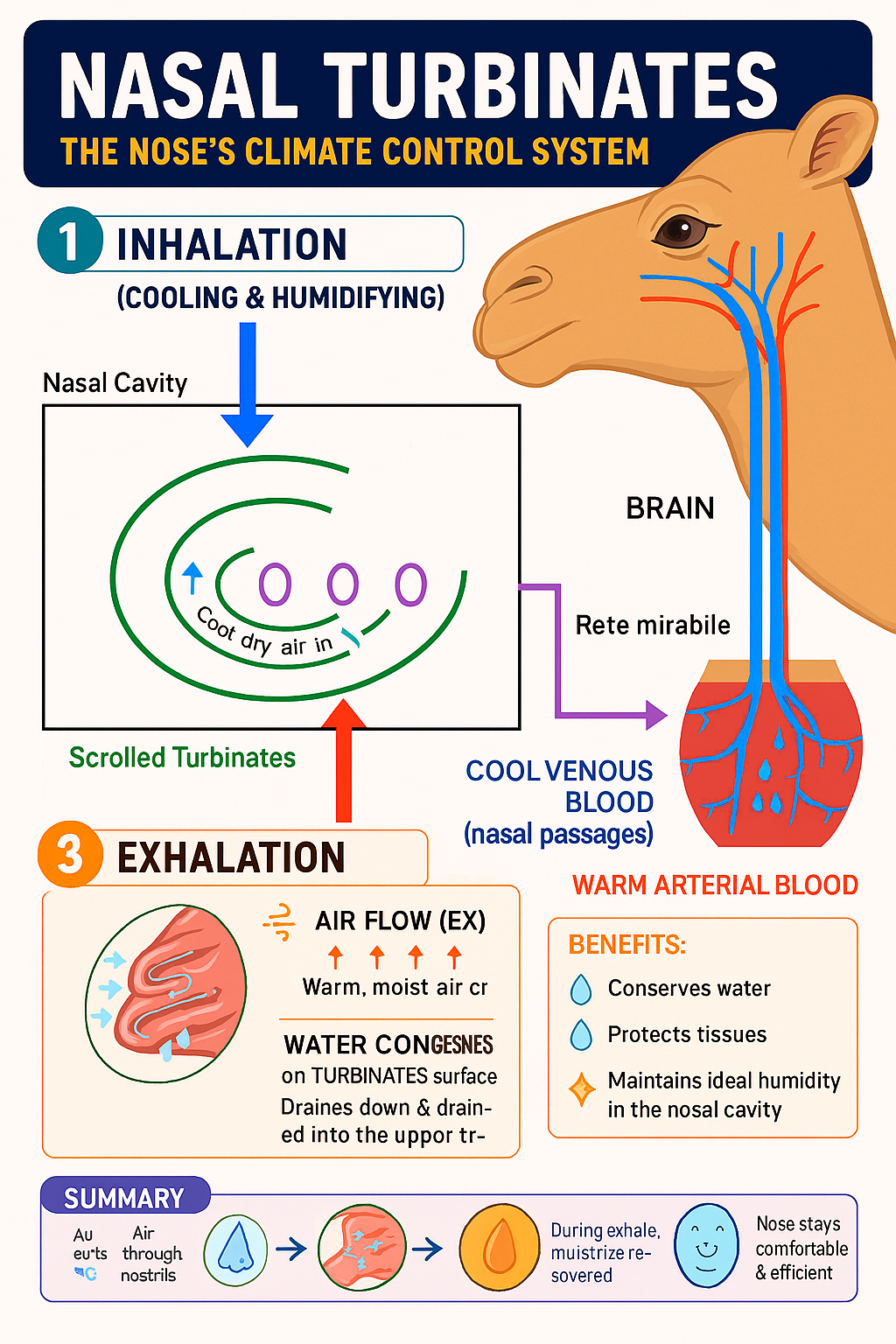 Diagram of the Rete mirable, brain cooling system in camels as well as water conservation